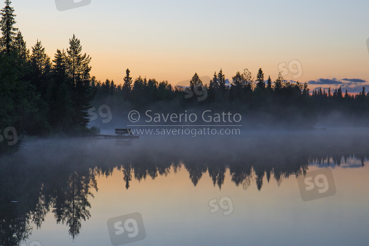 Lago Porontima - Finlandia, tramonto con alberi e riflessi sull'acqua