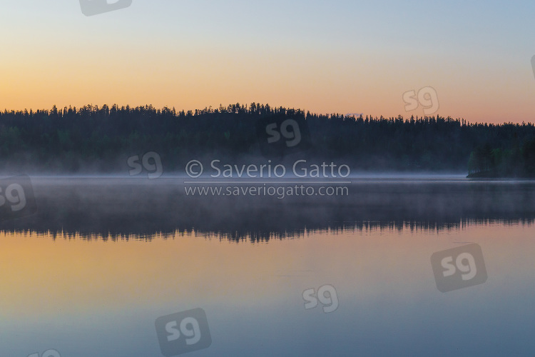 Lago Porontima - Finlandia, tramonto con alberi e riflessi sull'acqua