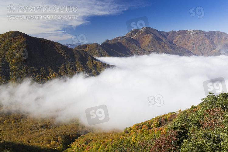 Autumnal landscape, picentini mountains in autumn with clouds seen from the above